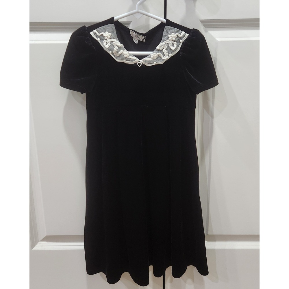 Vintage Girls Black‎ Velvet Holiday Recital Dress Lace Collar Pearl Heart Size 5